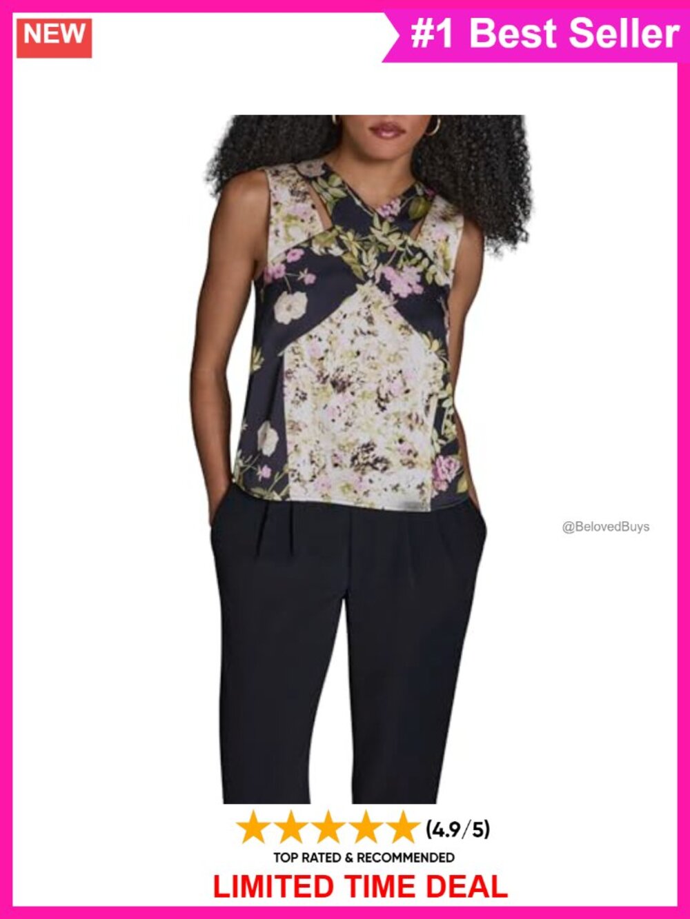 BCBG Woven V-Neck Cut-Out Detail Mixed Print Top